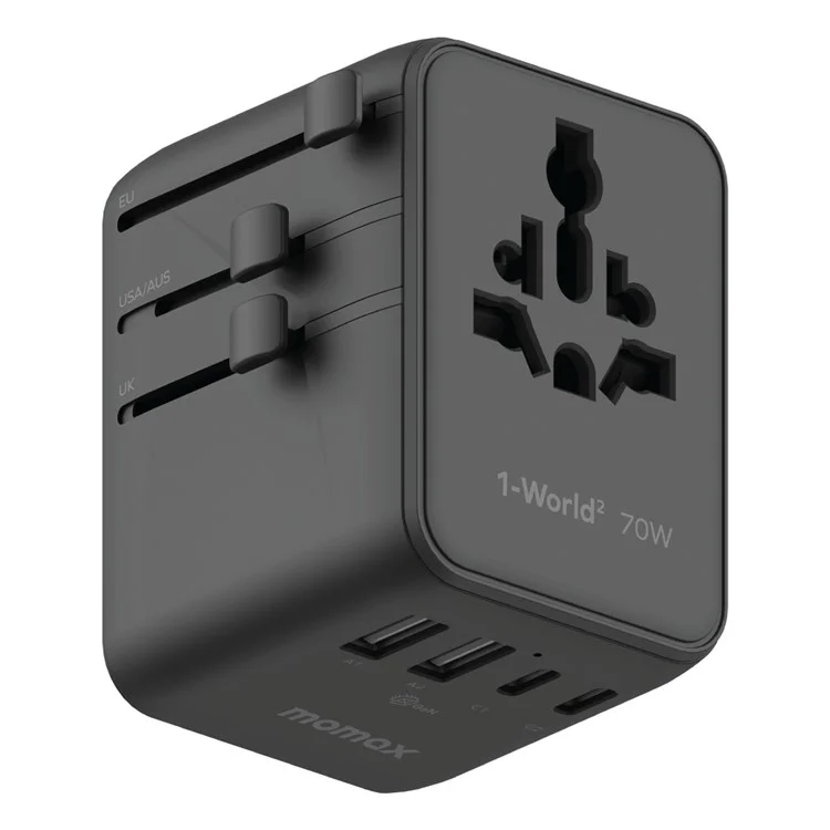 MOMAX 1-World 2 Dual AC Mini GaN Global Travel Adapter 70W Universal Power Converter Charger - Black