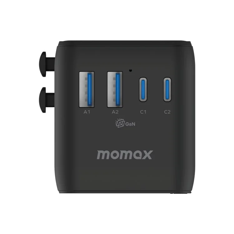 MOMAX 1-World 2 Dual AC Mini GaN Global Travel Adapter 70W Universal Power Converter Charger - Black