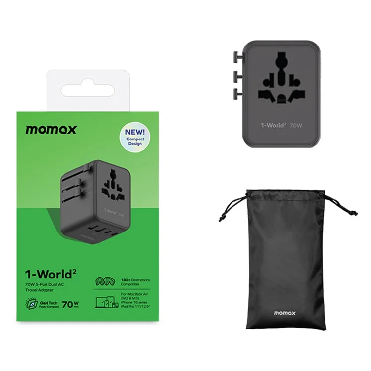 MOMAX 1-World 2 Dual AC Mini GaN Global Travel Adapter 70W Universal Power Converter Charger - Black
