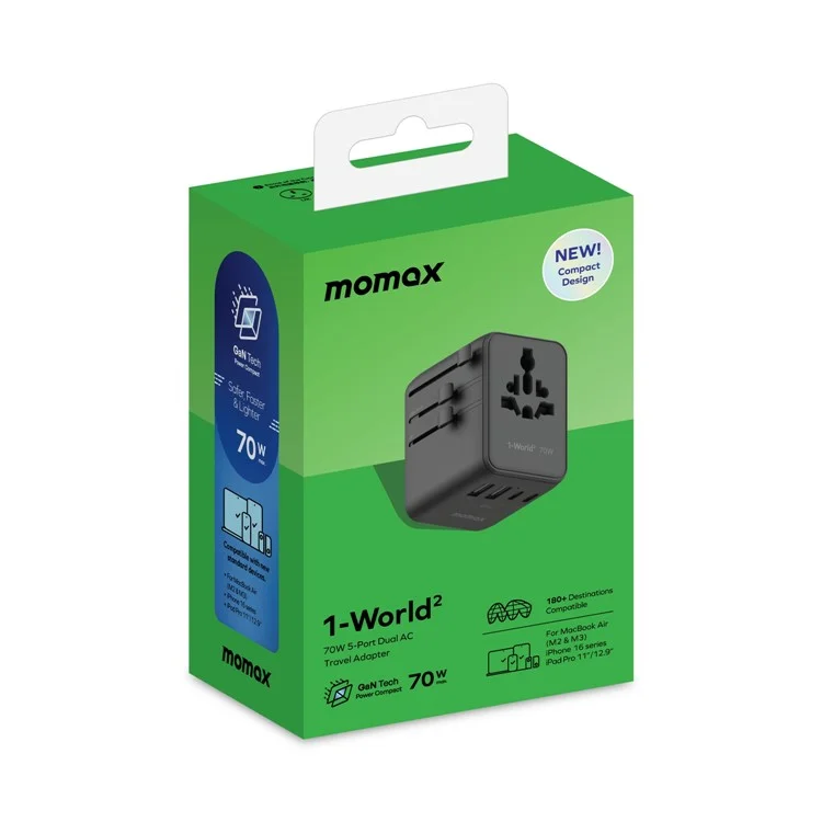 MOMAX 1-World 2 Dual AC Mini GaN Global Travel Adapter 70W Universal Power Converter Charger - Black