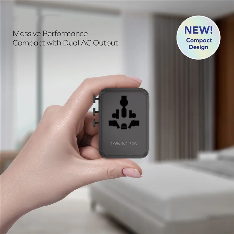 MOMAX 1-World 2 Dual AC Mini GaN Global Travel Adapter 70W Universal Power Converter Charger - Black