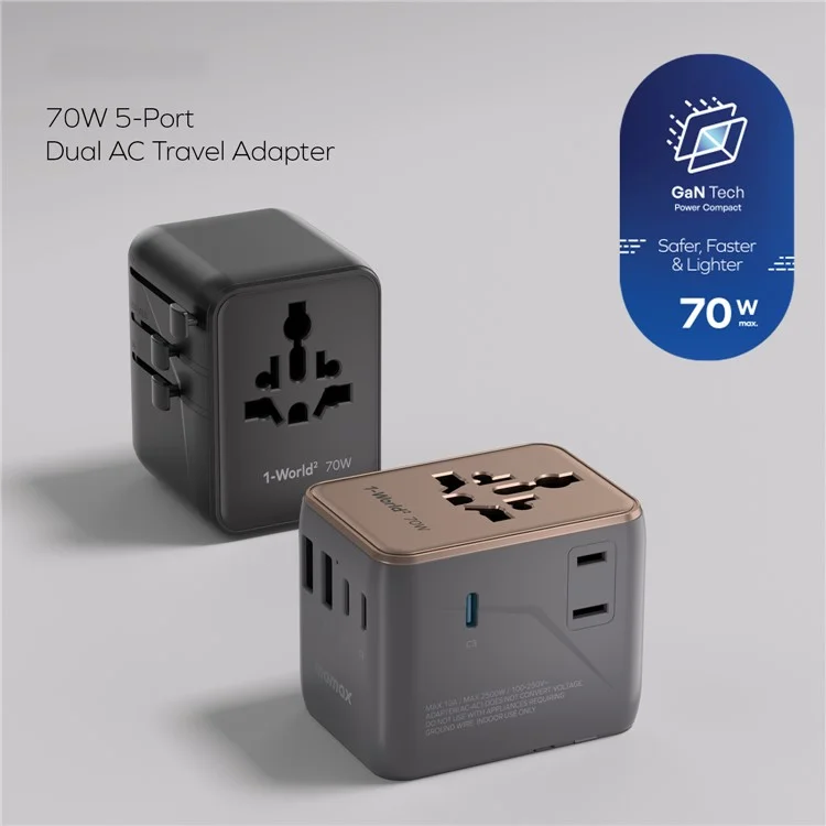 MOMAX 1-World 2 Dual AC Mini GaN Global Travel Adapter 70W Universal Power Converter Charger - Black