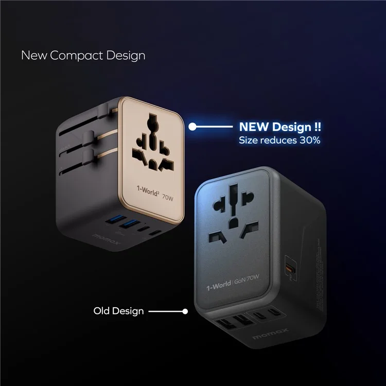 MOMAX 1-World 2 Dual AC Mini GaN Global Travel Adapter 70W Universal Power Converter Charger - Black