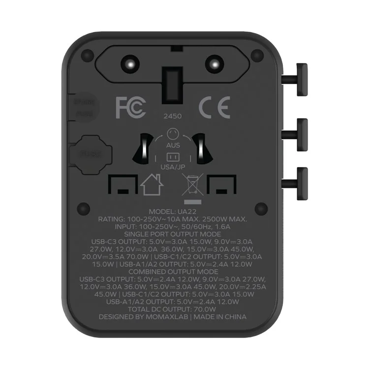 MOMAX 1-World 2 Dual AC Mini GaN Global Travel Adapter 70W Universal Power Converter Charger - Black