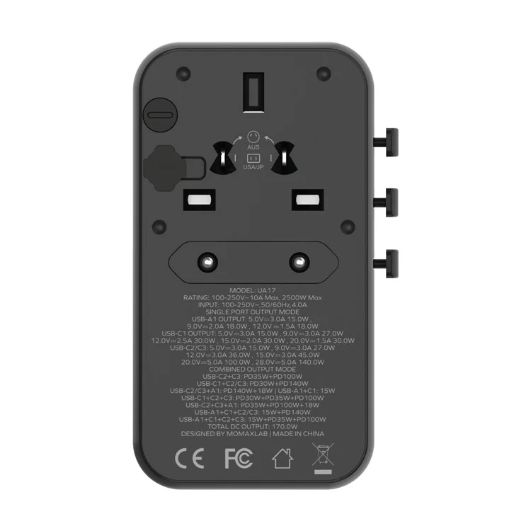 MOMAX 1-World 170W GaN PD Globales Reise-Ladegerät mit USB-C Kabel - Gold