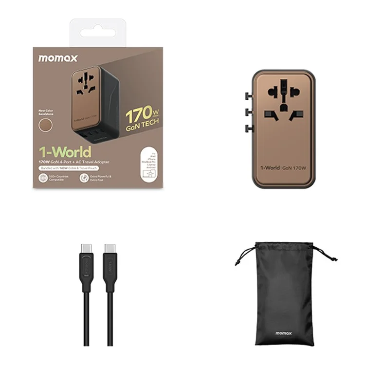 MOMAX 1-World 170W GaN PD Globales Reise-Ladegerät mit USB-C Kabel - Gold