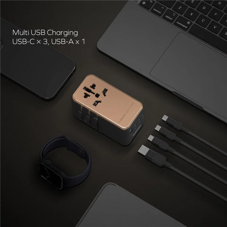 MOMAX 1-World 170W GaN PD Globales Reise-Ladegerät mit USB-C Kabel - Gold