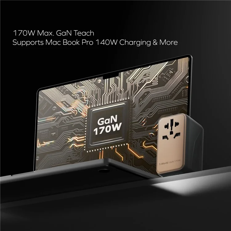 MOMAX 1-World 170W GaN PD Globales Reise-Ladegerät mit USB-C Kabel - Gold