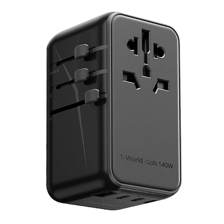 MOMAX 1-World 140W GaN PD Globales Reiseladegerät Mehrport-Schnellladung Adapter mit USB-C Kabel - Schwarz