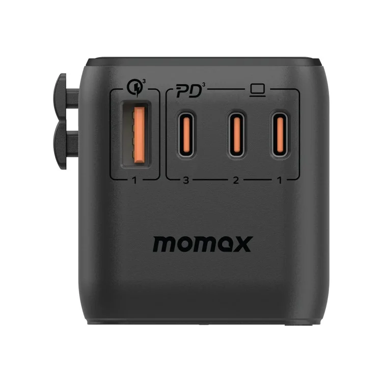 MOMAX 1-World 140W GaN PD Globales Reiseladegerät Mehrport-Schnellladung Adapter mit USB-C Kabel - Schwarz
