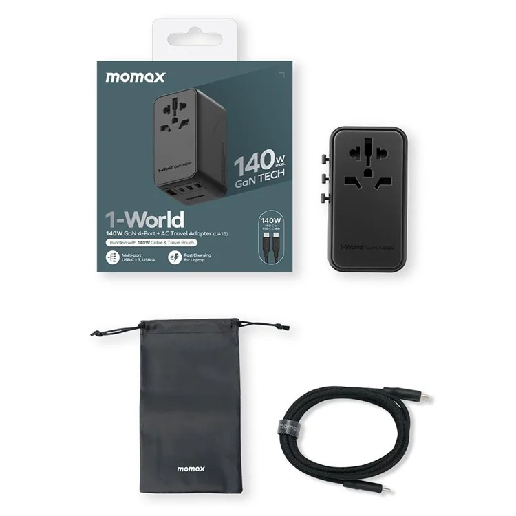 MOMAX 1-World 140W GaN PD Globales Reiseladegerät Mehrport-Schnellladung Adapter mit USB-C Kabel - Schwarz
