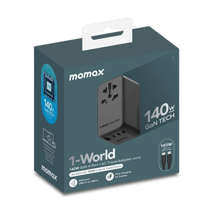 MOMAX 1-World 140W GaN PD Globales Reiseladegerät Mehrport-Schnellladung Adapter mit USB-C Kabel - Schwarz