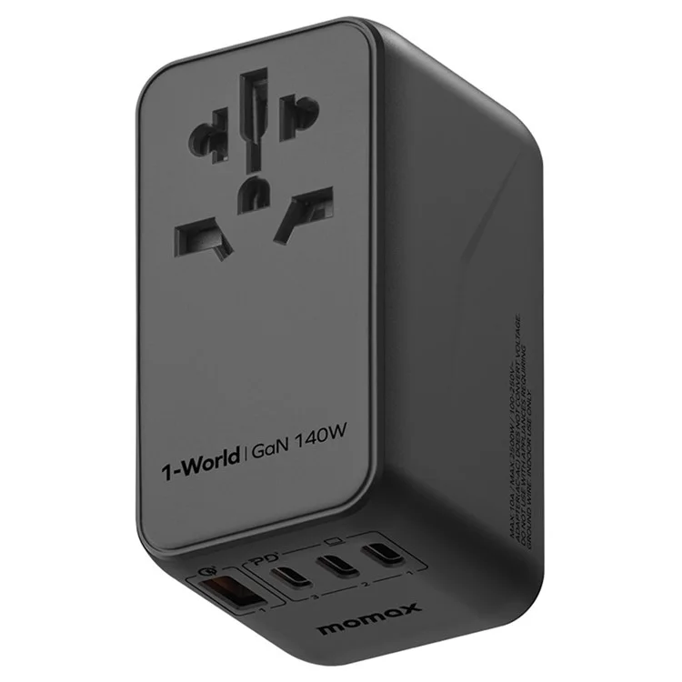 MOMAX 1-World 140W GaN PD Globales Reiseladegerät Mehrport-Schnellladung Adapter mit USB-C Kabel - Schwarz