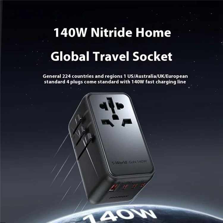 MOMAX 1-World 140W GaN PD Globales Reiseladegerät Mehrport-Schnellladung Adapter mit USB-C Kabel - Schwarz