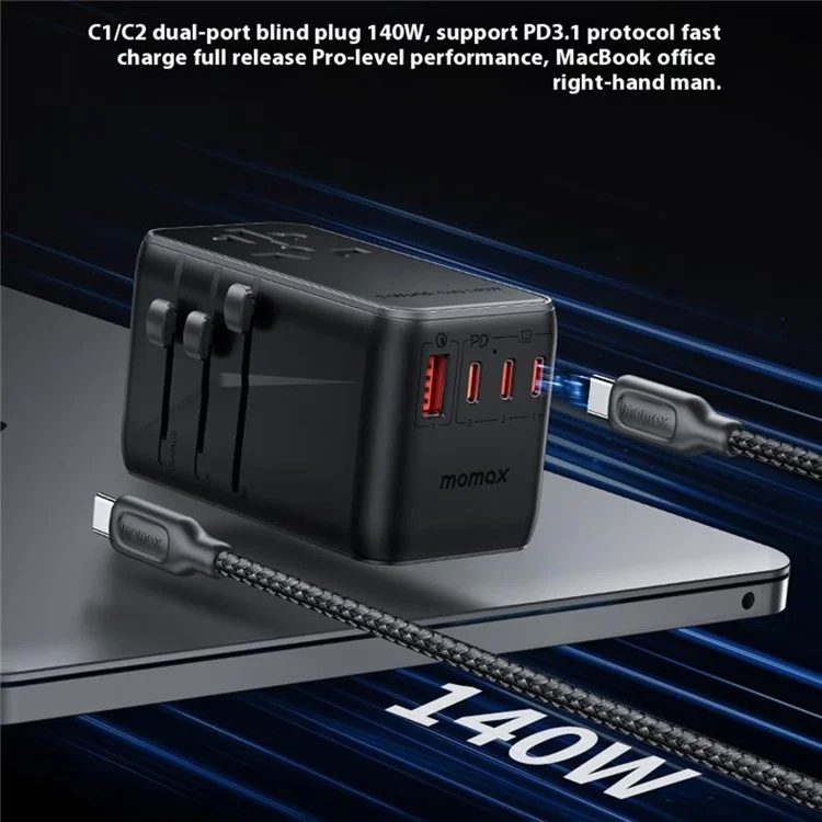 MOMAX 1-World 140W GaN PD Globales Reiseladegerät Mehrport-Schnellladung Adapter mit USB-C Kabel - Schwarz