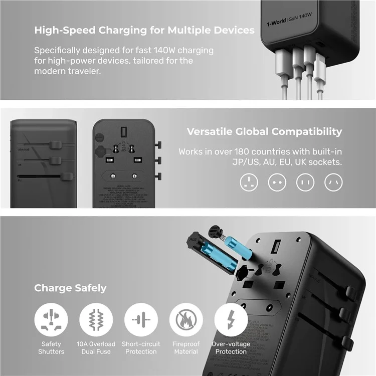 MOMAX 1-World 140W GaN PD Globales Reiseladegerät Mehrport-Schnellladung Adapter mit USB-C Kabel - Schwarz