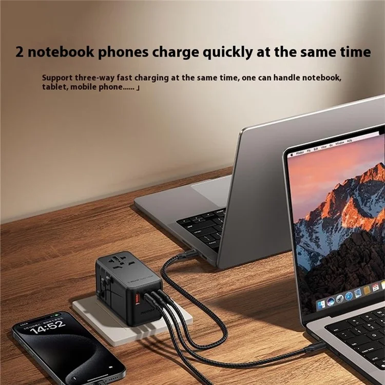 MOMAX 1-World 140W GaN PD Globales Reiseladegerät Mehrport-Schnellladung Adapter mit USB-C Kabel - Schwarz