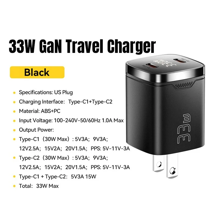 Carregador de Viagem ESSAGER PD 33W GaN Duplo Tipo-C com Display LED, Carregamento Rápido e Adaptador de Energia Compacto - Plugue EUA / Preto