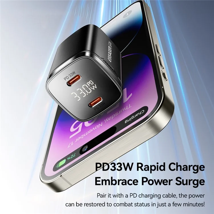 Carregador de Viagem ESSAGER PD 33W GaN Duplo Tipo-C com Display LED, Carregamento Rápido e Adaptador de Energia Compacto - Plugue EUA / Preto