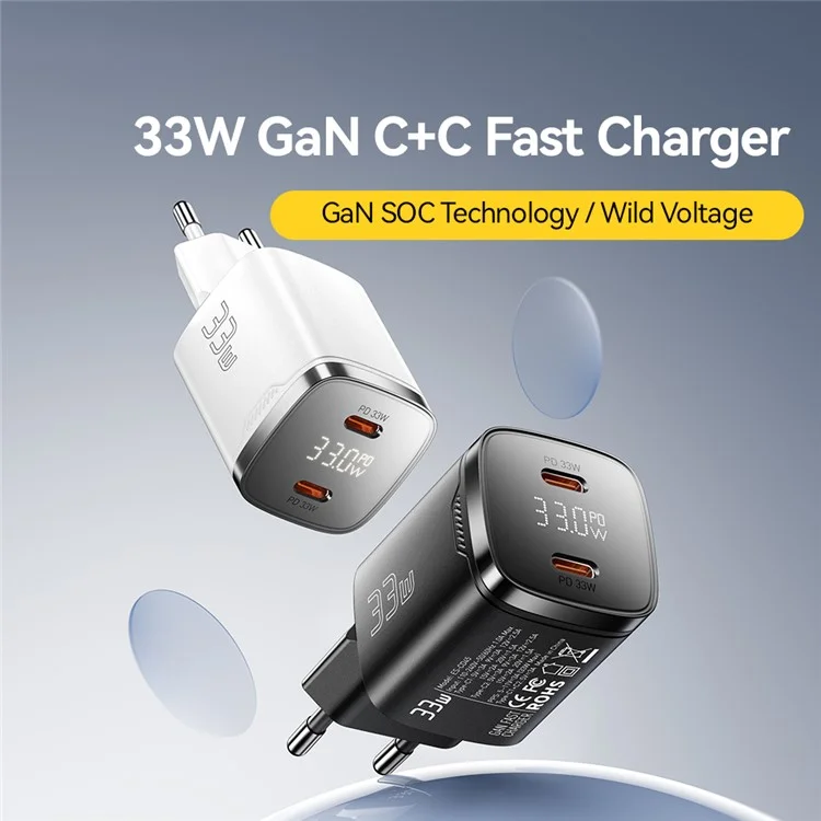 Carregador de Viagem ESSAGER PD 33W GaN Duplo Tipo-C com Display LED, Carregamento Rápido e Adaptador de Energia Compacto - Plugue EUA / Preto