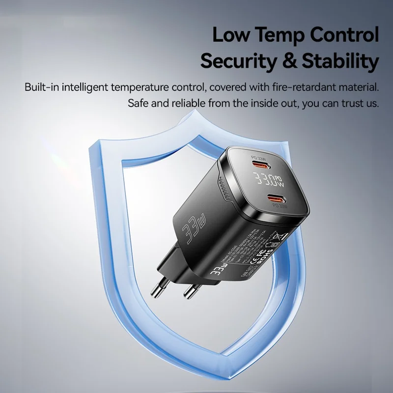 ESSAGER PD 33W GaN Dual Type-C Travel Charger with LED Display Fast Charging Compact Power Adapter - EU Plug  /  White