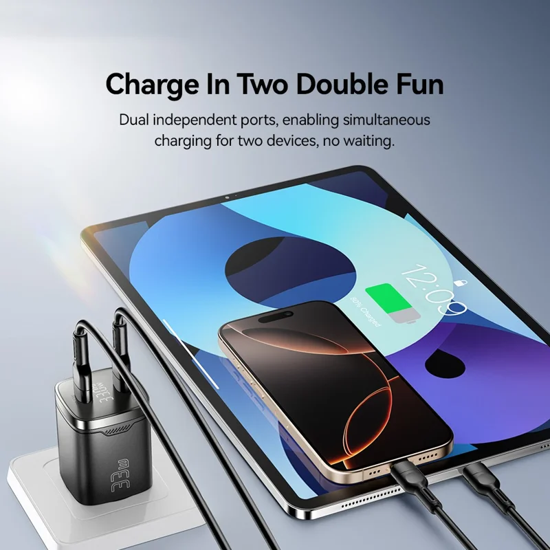 ESSAGER PD 33W GaN Dual Type-C Travel Charger with LED Display Fast Charging Compact Power Adapter - EU Plug  /  White