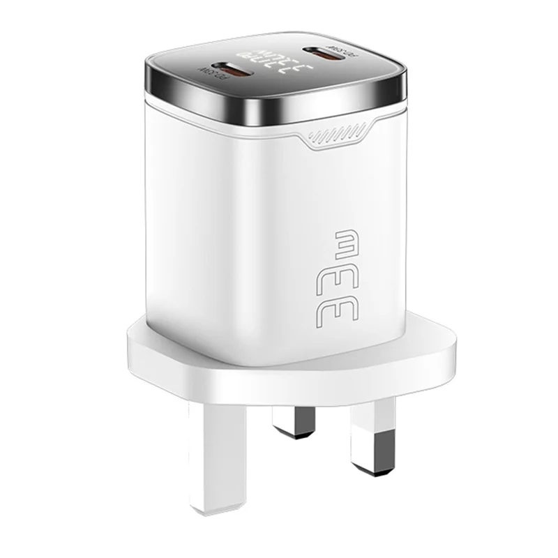 ESSAGER PD 33W GaN Dual Type-C Travel Charger with LED Display Fast Charging Compact Power Adapter - UK Plug  /  White