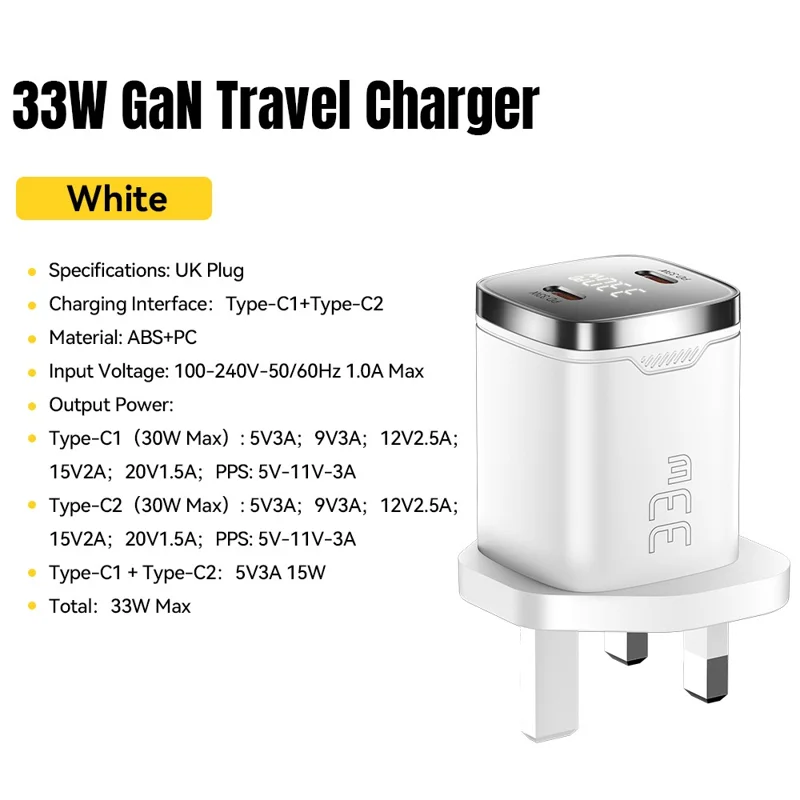 ESSAGER PD 33W GaN Dual Type-C Travel Charger with LED Display Fast Charging Compact Power Adapter - UK Plug  /  White