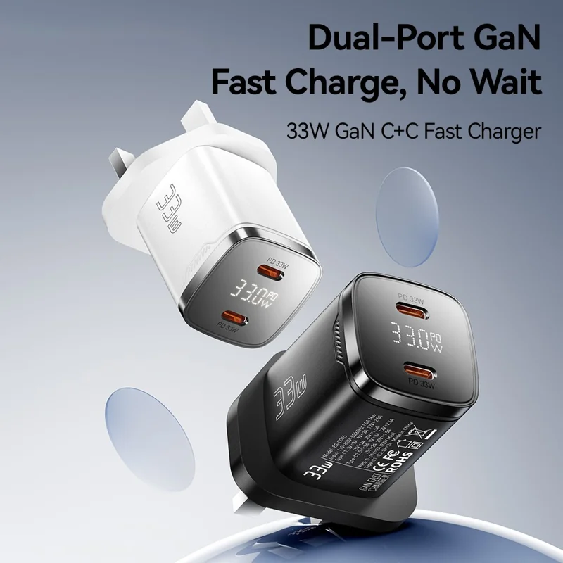 ESSAGER PD 33W GaN Dual Type-C Travel Charger with LED Display Fast Charging Compact Power Adapter - UK Plug  /  White