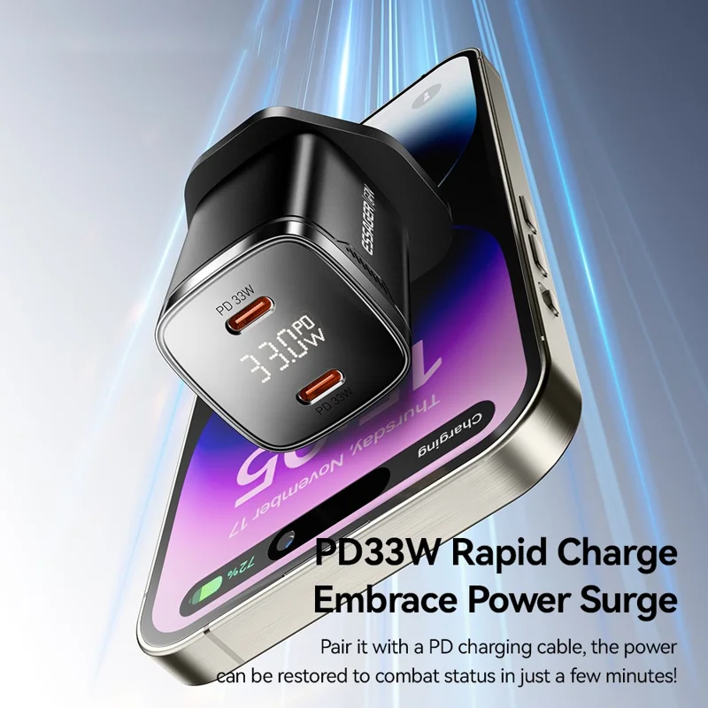ESSAGER PD 33W GaN Dual Type-C Travel Charger with LED Display Fast Charging Compact Power Adapter - UK Plug  /  White