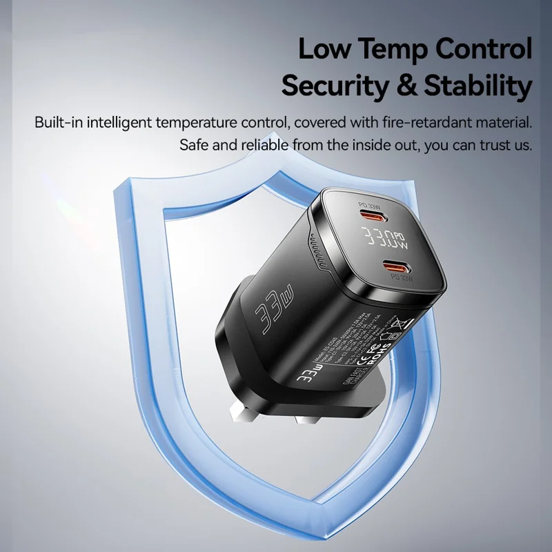 ESSAGER PD 33W GaN Dual Type-C Travel Charger with LED Display Fast Charging Compact Power Adapter - UK Plug  /  White