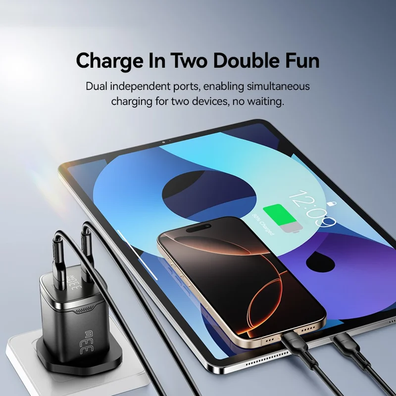 ESSAGER PD 33W GaN Dual Type-C Travel Charger with LED Display Fast Charging Compact Power Adapter - UK Plug  /  White