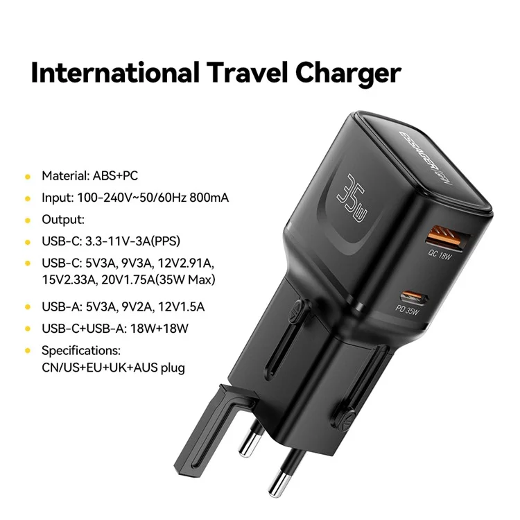 ESSAGER Caricabatterie da Viaggio 35W CN / US + EU + UK + AUS Adattatore di Alimentazione per Telefono GaN