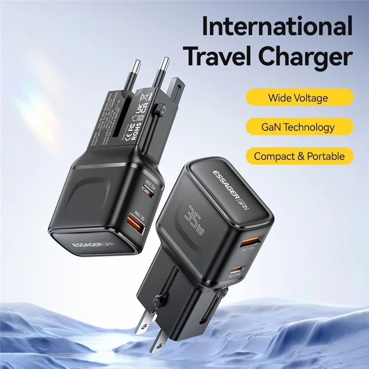ESSAGER Caricabatterie da Viaggio 35W CN / US + EU + UK + AUS Adattatore di Alimentazione per Telefono GaN