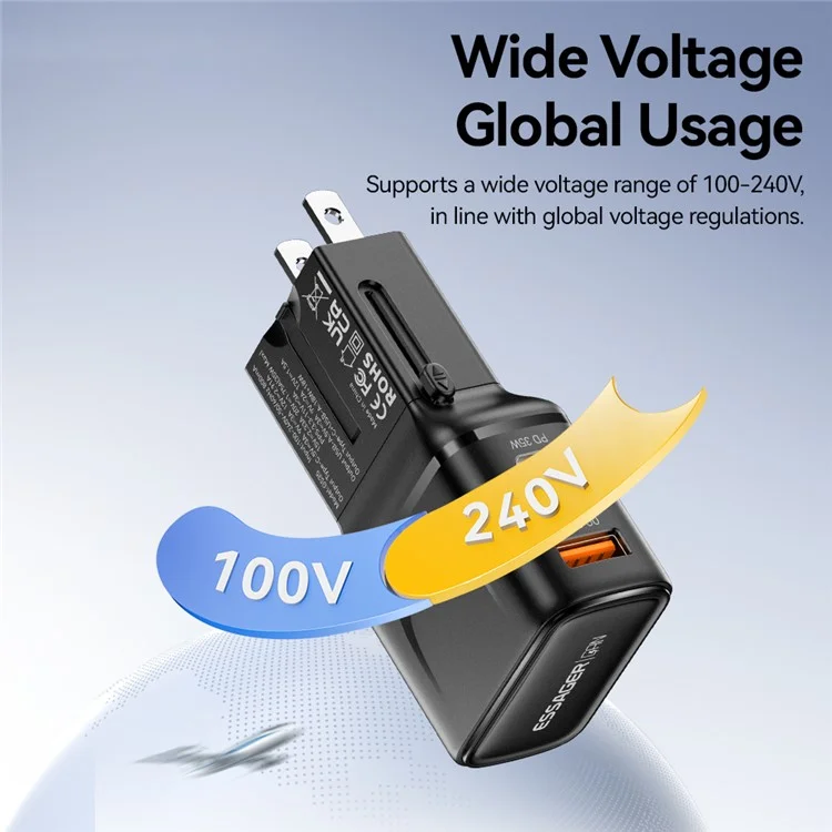ESSAGER Caricabatterie da Viaggio 35W CN / US + EU + UK + AUS Adattatore di Alimentazione per Telefono GaN