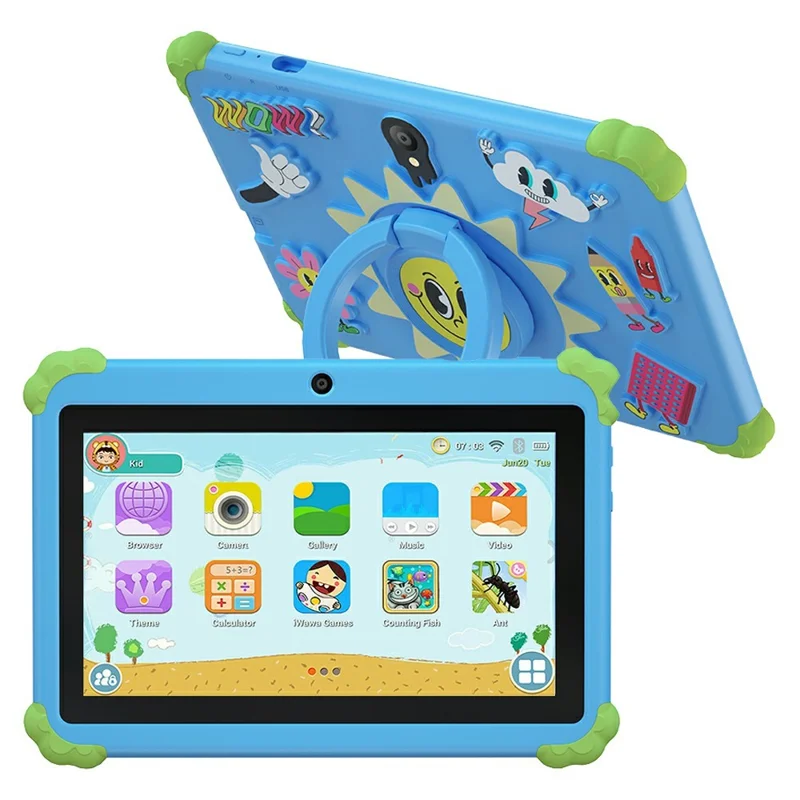 Q88 7 Inch Android 10.0 Educational Tablet for Kids with Anti Drop Case and Rotatable Kickstand,  1+16G Storage - Sunflower Blue