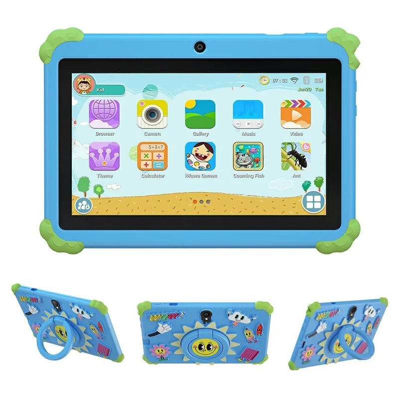 Q88 7 Inch Android 10.0 Educational Tablet for Kids with Anti Drop Case and Rotatable Kickstand,  1+16G Storage - Sunflower Blue
