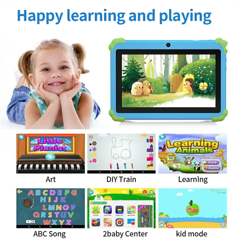 Q88 7 Inch Android 10.0 Educational Tablet for Kids with Anti Drop Case and Rotatable Kickstand,  1+16G Storage - Sunflower Blue