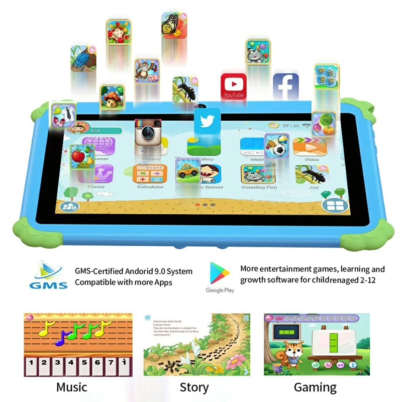 Q88 7 Inch Android 10.0 Educational Tablet for Kids with Anti Drop Case and Rotatable Kickstand,  1+16G Storage - Sunflower Blue
