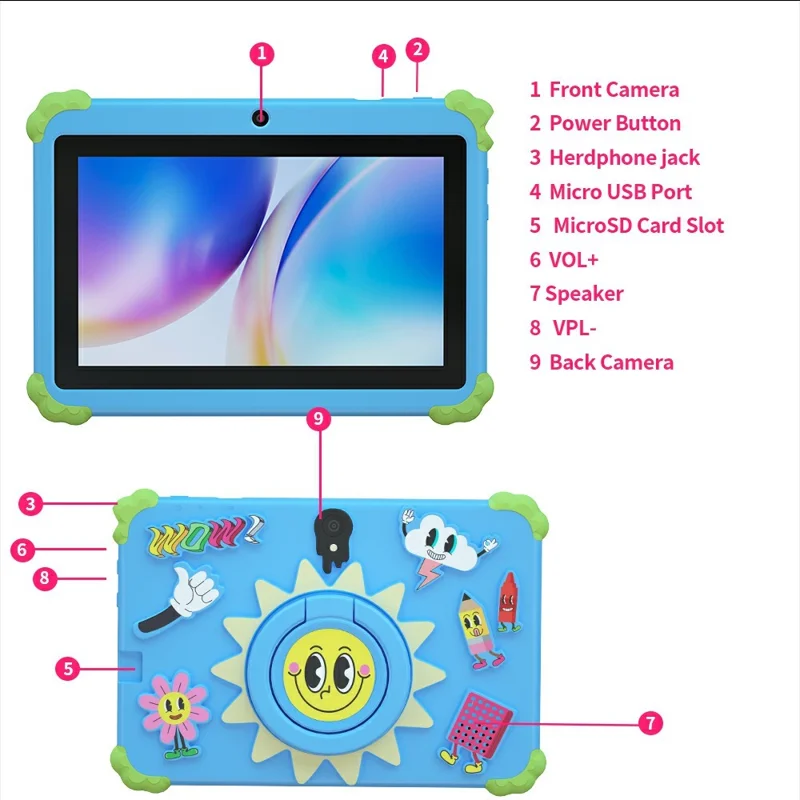 Q88 7 Inch Android 10.0 Educational Tablet for Kids with Anti Drop Case and Rotatable Kickstand,  1+16G Storage - Sunflower Blue