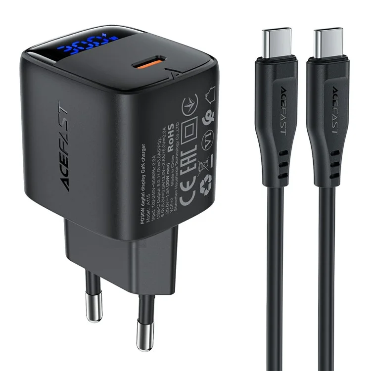ACEFAST A115 PD 30W GaN USB-C Charger Kit with USB-C Cable LED Display Fast Charger Adapter, EU Plug