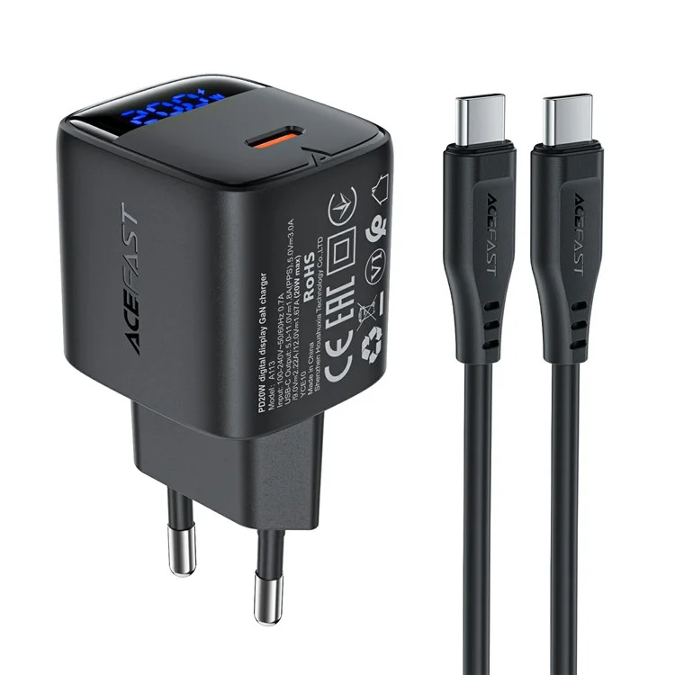 ACEFAST A113 For PD20W USB-C GaN Charger Kit LED Display Fast Charging High Efficiency Adapter - EU Plug