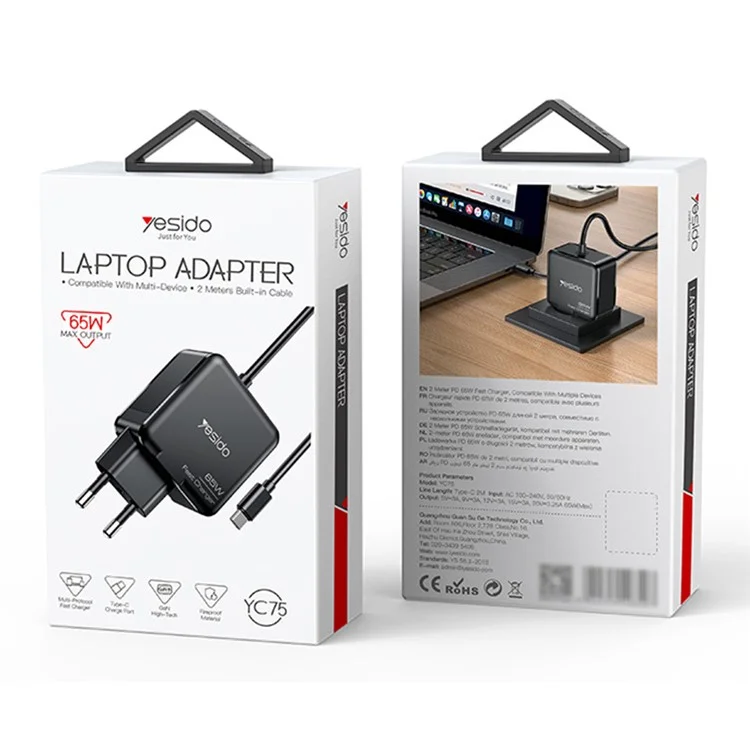 YESIDO YC75 EU-Stecker-Netzteil mit 2 m Typ-C-Kabel Tragbares 65 W PD-Schnellladegerät