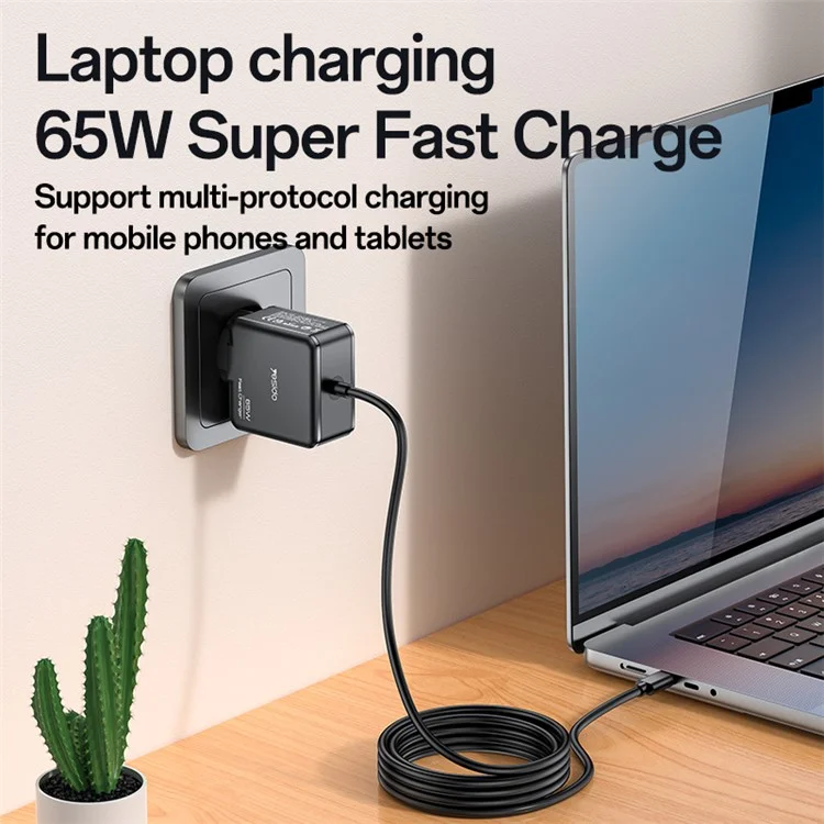 YESIDO YC75 EU-Stecker-Netzteil mit 2 m Typ-C-Kabel Tragbares 65 W PD-Schnellladegerät