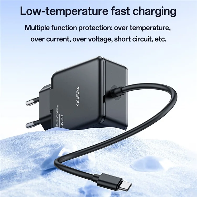 YESIDO YC75 EU-Stecker-Netzteil mit 2 m Typ-C-Kabel Tragbares 65 W PD-Schnellladegerät