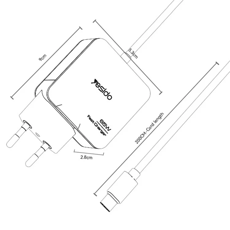 YESIDO YC75 EU-Stecker-Netzteil mit 2 m Typ-C-Kabel Tragbares 65 W PD-Schnellladegerät