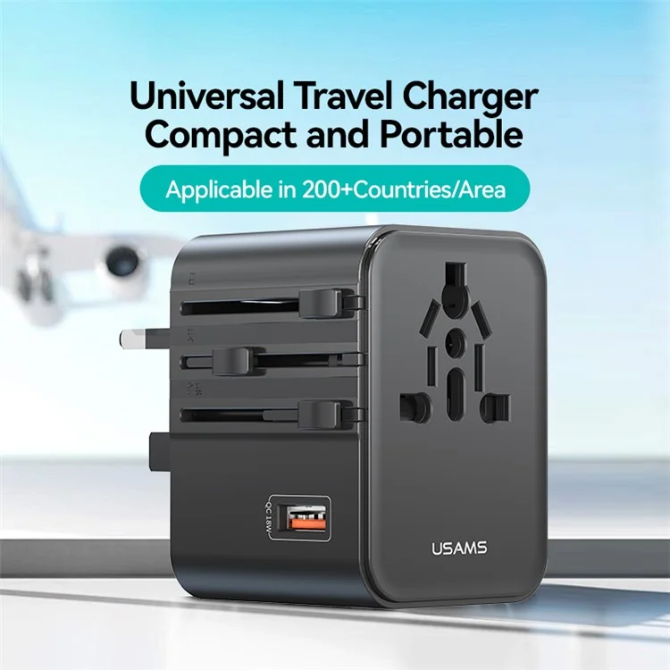 USAMS CC309 T68 25W Travel Phone Adapter 3-Port Multi-Country Converter Fast Charging 2500W Wall Charger