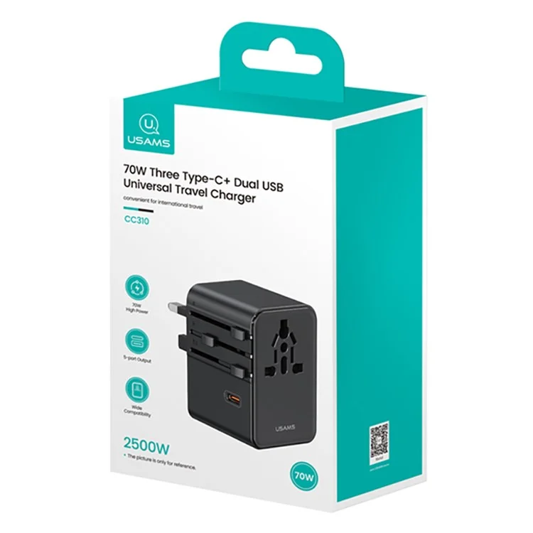 USAMS CC310 T68 70W Travel Phone Adapter 5-Port Multi-Country Converter Fast Charging 2500W Wall Charger