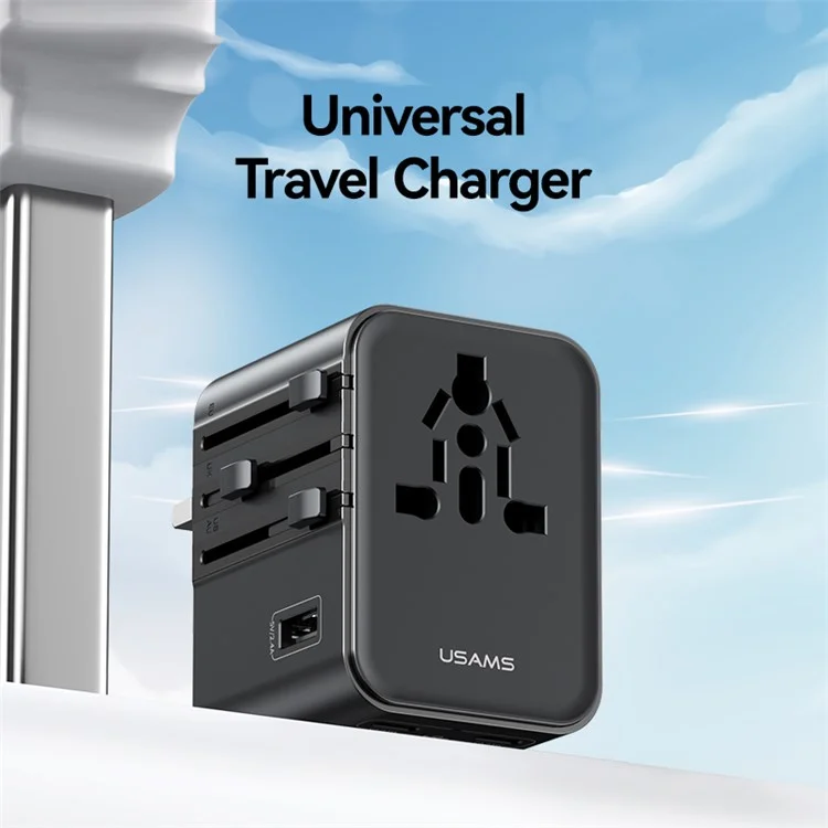 Adaptador de Viagem USAMS CC308 T68 17W Dual Type-C + USB-A Conversor Multipaís 2500W Carregador de Parede