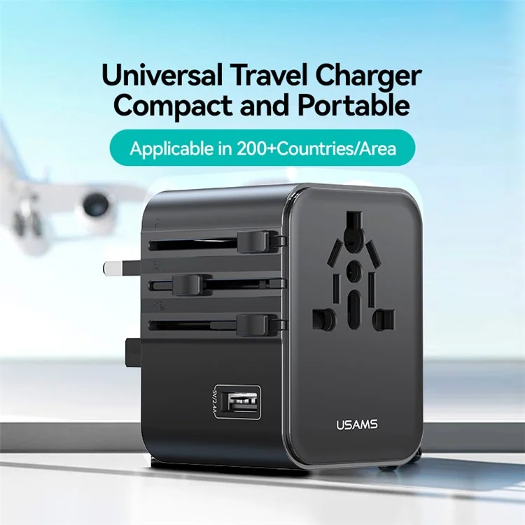 Adaptador de Viagem USAMS CC308 T68 17W Dual Type-C + USB-A Conversor Multipaís 2500W Carregador de Parede